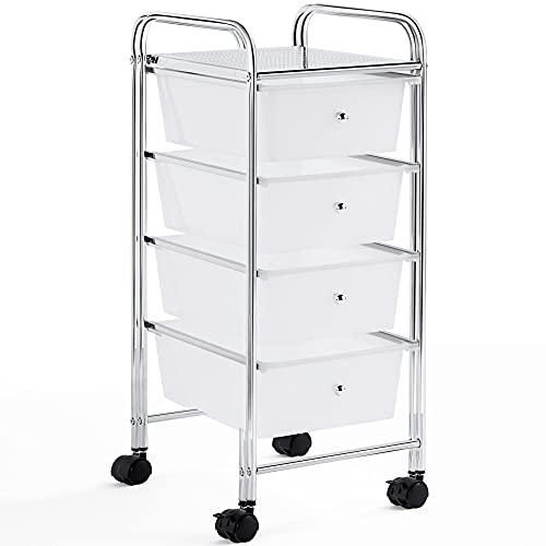 Image of Yaheetech 4 Drawers Cart Rolling Plastic Storage Cart and Organizer Metal Frame Plastic Drawers Plastic Trolley Organizer on Wheels, White