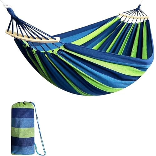 Image of Baskety Double Person Cotton Canvas Hammock with Spreader Bars Ultralight Travel Camping Hammock Swing Bed for Outdoor, Balcony, Garden, Beach - Max Load 200 KG (Blue, 280 x 100 cm)