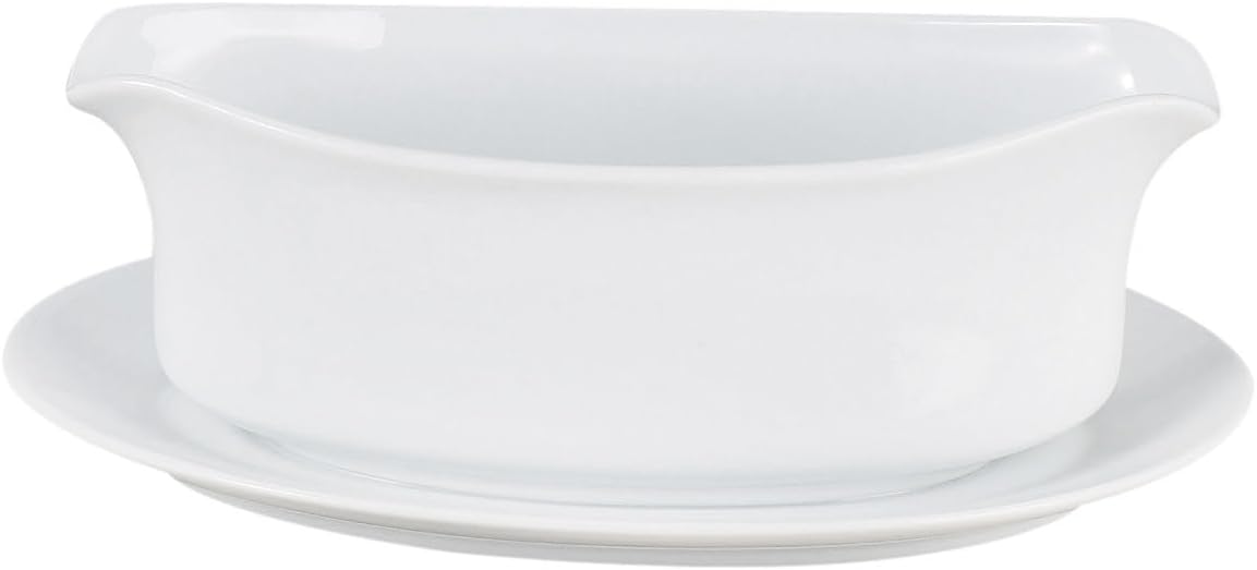HIC Kitchen Gravy Boat With Attached Saucer, Fine Porcelain, 18-Ounce Capacity For Gravy, Sauce, Au Jus, Dressing, Holiday Meals, And Entertaining