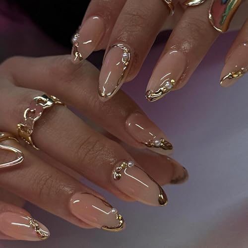 MISUD Press on Nails - Medium Almond Glue on Nails with Gold Chrome, Acrylic Pearl Rhinestone Design 24 pcs