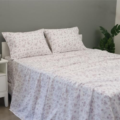 Image of Linen Home Cotton Percale Flat Bedsheet Set King Size Floral Mauve