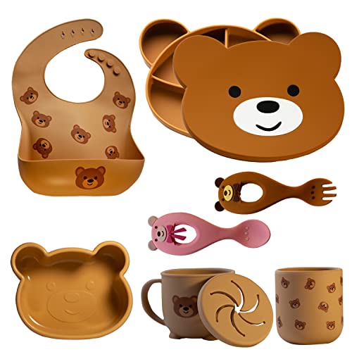 Image of Neverland Creations Silicone Baby Feeding Set - 7 Piece - Baby Led Weaning Supplies - Suction Bowl, Divided Plate, Adjustable Bib, Snackcup, Cup, Eating Utensils and Baby Dishes for 6+ Months