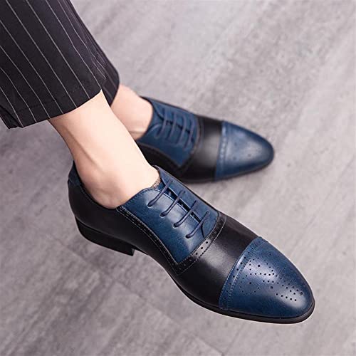 Dress Oxford Shoes for Men Lace Up Two Tone White and Brown Brogue Cap Toe Vegan Leather Low Top Slip Resistant Block Heel Prom(Black Blue,10 M US)3