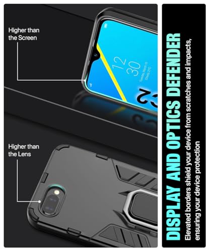 Image of WOW IMAGINE Shock Proof Back Case Mobile Cover for Realme C2 (Armor | Hybrid PC + TPU | Full Protection with Ring Holder Kickstand | Carbon Black)