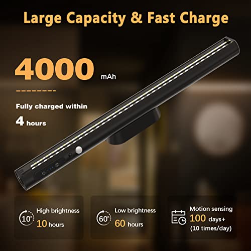 Image of Battery Powered Operated Wall Strip Light with Motion Sensor | LED Light Bar, Rechargeable Magnetic Under Cabinet Lighting Wireless with Remote Control for Desk Mirror Closet Black