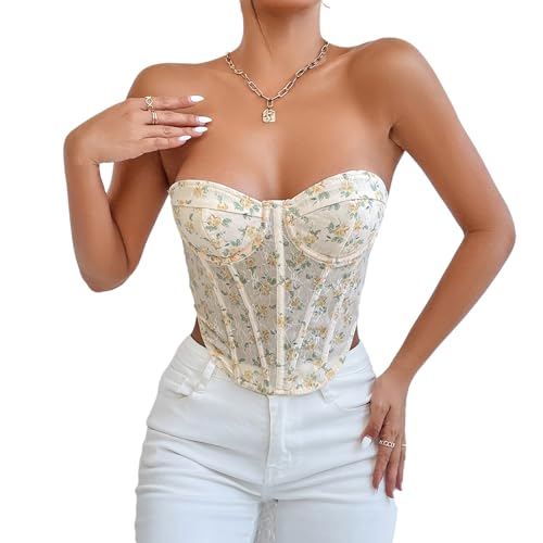 YADMISU Women's Floral Cross Ties Back Corset Crop Tops Sexy Boned