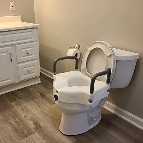 Carex 4.5 Inch Raised Toilet Seat With Arms - For Elongated Toilets, Elevated Toilet Riser With Removable Padded Handles, Easy On And Off, 300Lb Weight Capacity, White #TOP2