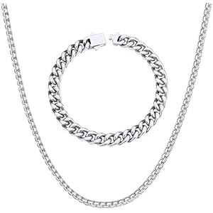 ChainsHouse Stainless Steel 7MM 9.0'' Cuban Link Bracelet+2MM 20" Flat Box Chain Necklace for Women Men