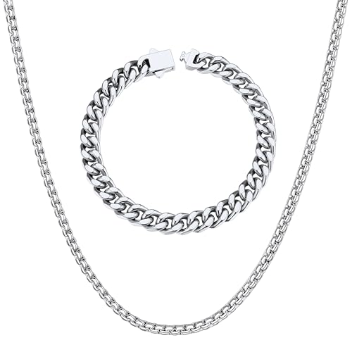 ChainsHouse Stainless Steel 7MM 9.0'' Cuban Link Bracelet+2MM 20" Flat Box Chain Necklace for Women Men