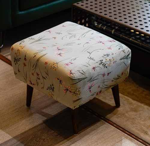 Image of The Artage Puffy Stool for Living Room Sitting Printed Premium Foam Cushioned Pouffe Ottoman for Foot Rest Stool for Home Decor Furniture with 4 Wooden Legs (Floral) (Floral Green)