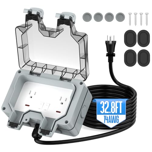 Outdoor Outlet Box with 32.8Ft Extension Cord,NEMA 5-15R,IP66 Waterproof Outdoor Outlet Box w/Lockable Cover & LED Indicator (Double Plug Socket) -Perfect for Gardens, Yards & Sports Fields by Hilictokt - Used condition - US$31.64