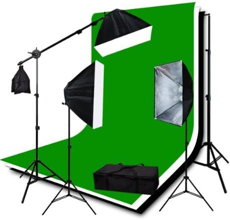 ePhotoInc 3200K Warm Lighting 2700 Watt Photography Studio Video Continuous Lighting SOFTBOX KIT 3PC 6 x 9 Muslin ChromaKey Green, Black, White Background Support Stand Kit H604SB-69BWG 3200K