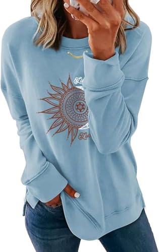 NAIOSS Damen Pullover Drucken Sweatshirt Langarm Oberteile Herbst Winter Shirt Bedrucken Rundhals Pulli Locker Casual Sport Streetwear Tops(HellBlau/XL)