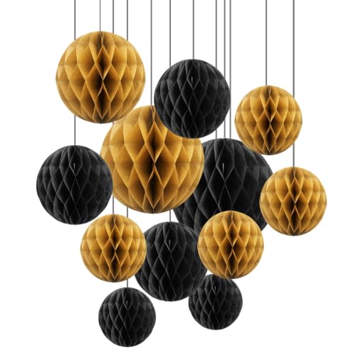 Image of ZOOYOO 12Pcs 6 inch 10 inch Honeycomb Balls Decorations Hanging Tissue Paper Pom Poms for Graduation,Anniversary,New Year,Farewell,Retirement,Birthday Party Decorations(Black Gold)
