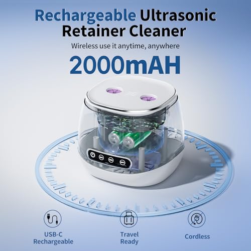 Rechargeable Ultrasonic Retainer Cleaner Machine, 45kHz Portable Cleaner for Dentures, Retainers, Aligners, Night Guards, Braces & Jewelry, 3 Modes, 200ML Capacity, White — view 4