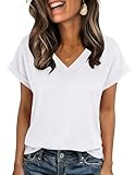 Zeagoo Damen Mode V-Ausschnitt Kurze Ärmel T-Shirt Einfarbig Basic T Shirt Lässig Lose Oberteile Elegant Bluse Tops Weiß 2XL
