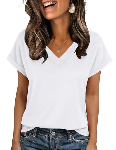 Zeagoo Tshirt Damen V Ausschnitt Kurzarm Oberteil Sommer Elegant Locker Shirts Casual Einfarbig Basic Tops Weiß L