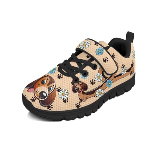 Little Kid Boys Girls Lightweight Breathable Sneakers Strap Athletic Tennis Shoes for Running Walking Cute Dachshund Daisy Pattern
