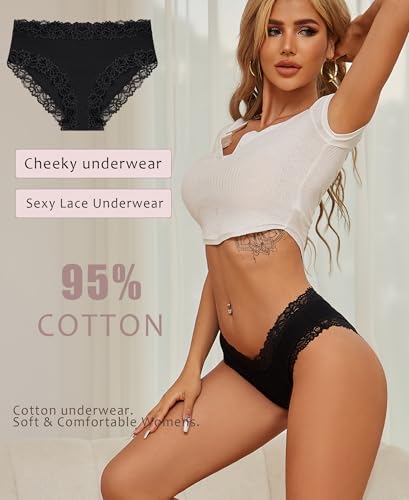 Image of FINETOO Womens Underwear Cotton Bikini Underwear for Women Lace Wasit Hipster Panties Soft Breathable Briefs 6 Pack