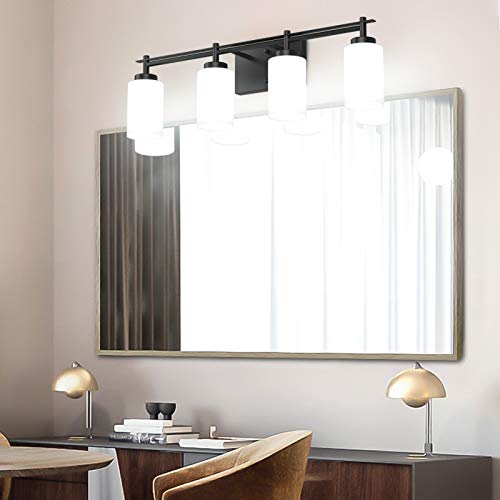 Image of Aipsun Vintage Bathroom Vanity Light Black Bathroom Light Fixtures 4 Lights Milky White Glass Shade Industrial Wall Light (Exclude Bulb)