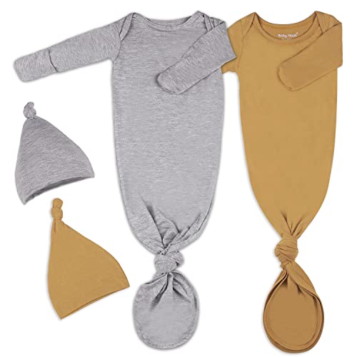 Image of 2Pack Knotted Gown Baby, Super Soft Long Sleeve Newborn Hospital Outfit Boy Girl Coming Home, Built-In Mittens Clothes