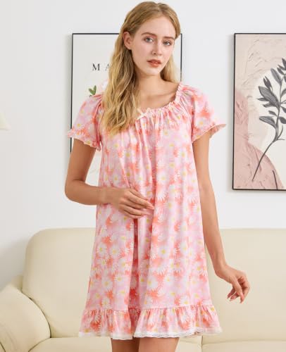 Image of Nanxson Women's Cotton Nightgown Short Sleeve Sleepwear Vintage Nightshirt | Summer Victorian Sleepdress,White Sleepshirt,U Neck Lace Loungewear,Soft Nightshirt,Loose Loungedress,Bride Nightwear