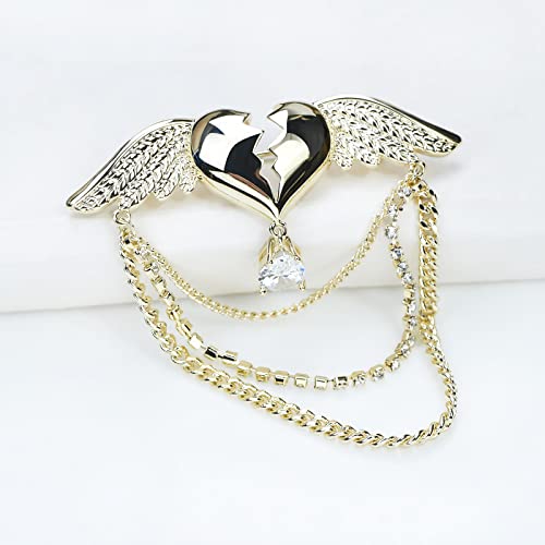 Image of Beating Heart with Angel Wings Brooch Lapel Pin Tassel Collar Pin Crystal Love Heart Brooch Badge