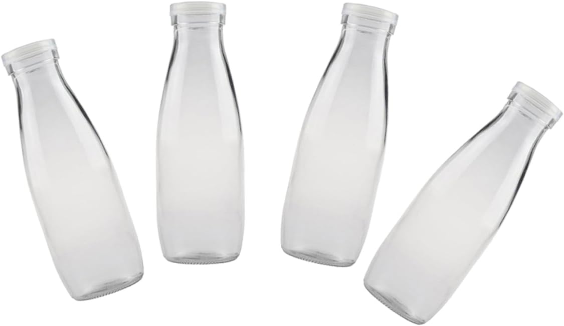 KICHOUSE 4pcs Juice Bottles Glass Milk Containers Lids Leakproof Dishwasher Safe