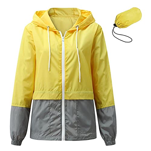Veste de pluie pour femme jaune avec capuche, manteau léger coupe-vent de transition en XXL
