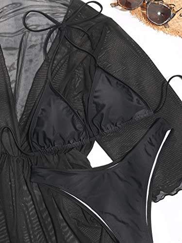 Shein Women's 3 Piece Cover Up Swimsuits Tie Halter Bikini Set With Cover Up Romper Three Pieces Swimsuits Bathing Suit Iron Black Large #TOP3