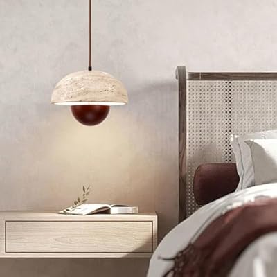 Japanese Wabi Sabi Style Travertine & Wood Hanging Lamp,Nordic Natural Stone Pendant Light for Kitchen Island, Hallway, Bedroom, Dining Room Ceiling Chandelier