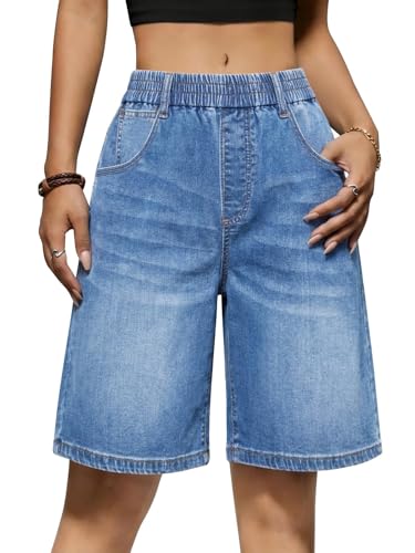 Yousify Womens Bermuda Jean Shorts Elastic Waisted Long Denim Short Knee Length Baggy Jeans Jorts