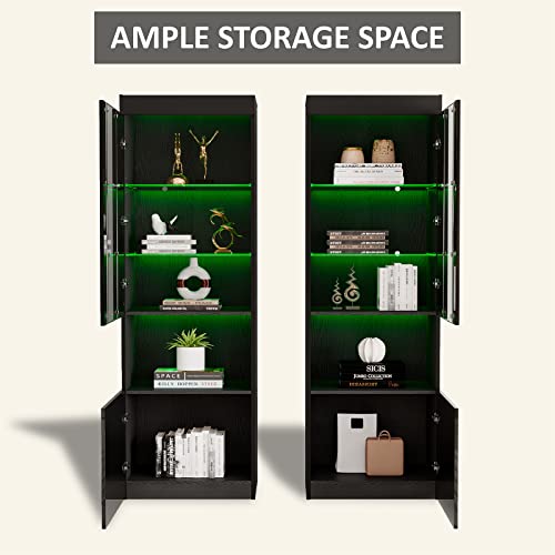Amerlife 2 Piece 71In Tall Bookcase Storage Cabinet With Glass Doors, Modern High Gloss Led Bookshelf Display With 5 Tier Storage Shelves & Adjustable Glass Shelves For Living Room Study Office, Black #TOP3