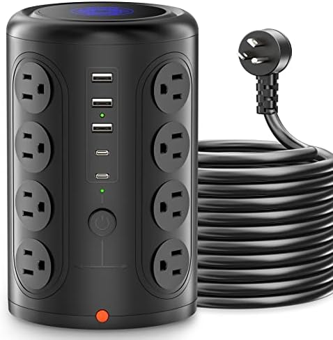Power Strip Tower with 16 Outlets and 5 USB Ports (2 USB-C), TenTrend 1875W 2000J Surge Protector with 6 FT Extention Cord, Multi Outlet Tower for Home Office Desk, Dorm Room Essentials