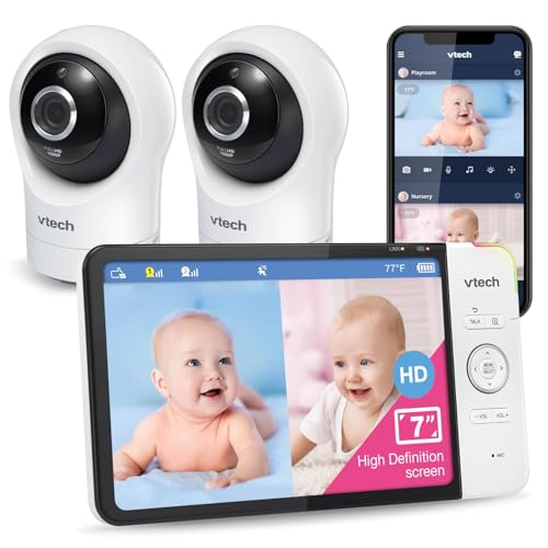 VTech baby monitor smart Wi-Fi con 2 telecamere, schermo HD a colori da 7', videocamera FHD 1080p, app gratuita, controlli panoramica, inclinazione e zoom, ninne nanne, suoni rilassanti: RM7764-2HD