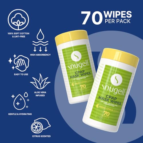 Image of Snugell Fresh Citrus-Scented CPAP Mask Wipes - (2 Canisters,70 Wipes Each) - 100% Soft Cotton - Skin-Safe with Aloe Vera - Lint & Alcohol Free - Easy-Opening Design for Convenient CPAP Cleaning