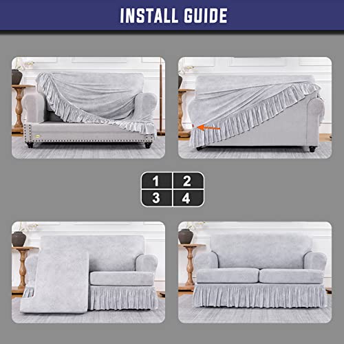 Amazecov 3 Pieces Specially Designed For T Cushion Loveseat Slipcovers With 2 Individually T Cushion Shape Stretch Seat Covers With Ruffle Skirt Foil Printed With Elastic Bottom, White #TOP6