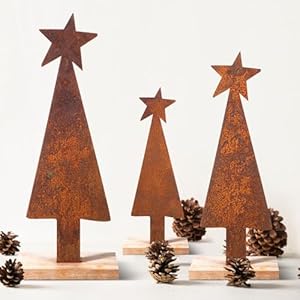 3 Pcs Rusty Metal Christmas Tree Christmas Decor Metal Christmas Trees on Wood Stands Farmhouse Rustic Vintage Tabletop Tree for Xmas Fireplace Shelf Mantel, 10 Inch 12 Inch 15 Inch