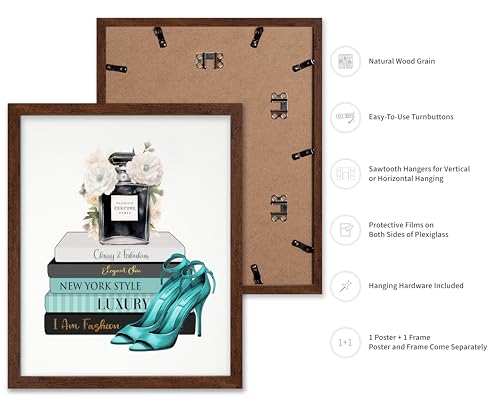 Image of Poster Master Fashion Print - Blue Designer Poster - Shoes & Perfume Art - Chic Gift for Her & Fashionista - Luxury Haute Couture Decor for Bedroom or Girl's Room - 8x10 Brown Framed