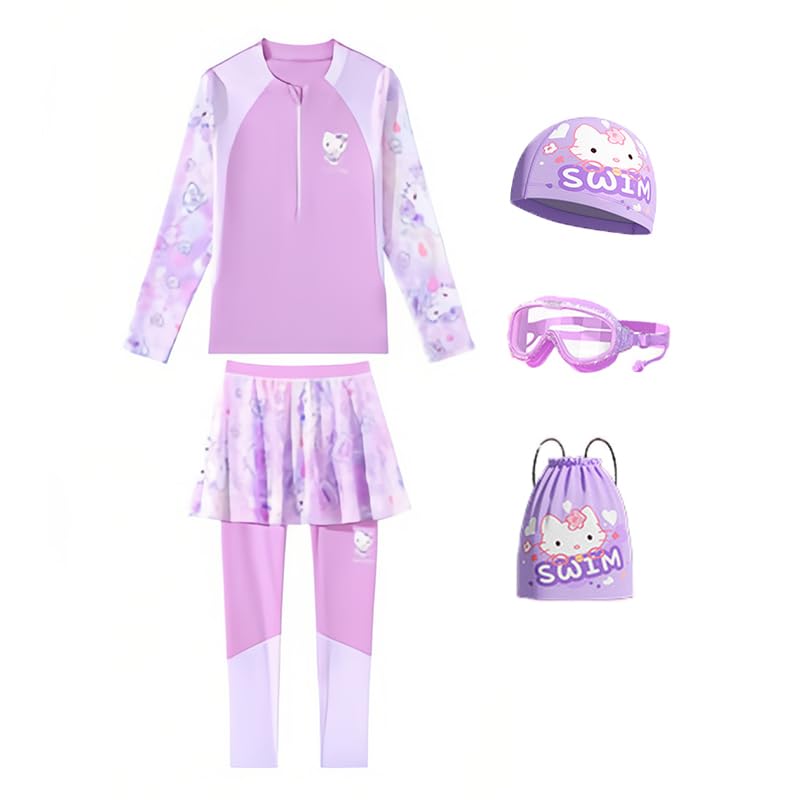 XALOVEF Swimsuit for Girls Kids Modest Swimwear Cute Princess Style for Girls All Seasons UPF 50+ Rash Guard Set Zipper Swimsuit (UAE/KSA Age 11 Years Regular Purple sets)