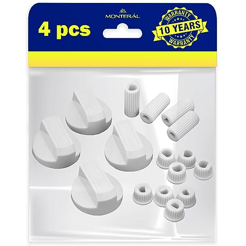 Boutons Rotatifs pour Plaque de Cuisson Gaz – Set de 4 Pièces et Adaptateurs pour Axe Encastré et Haut Ø 6 mm et Ø 8 mm - Couleur Blanche - Garantie de 10 Ans - MONTERAL