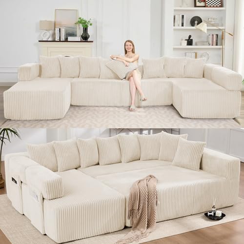 Image of Oversized Cloud Boneless Couch with Chaise, 146 inch Modern U Shape Modular Deep Seat Sectional Sofa, Comfy Corduroy Upholstered Couches for Living Room, No Assembly Required-Beige