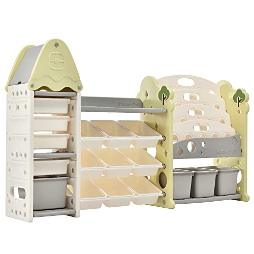 Image of Veemuaro Toy Storage Organizer, Kids Bookcases and Children's Organizer Rack, Box Chest with 17 Bins 4 Tier Bookshelf for Room Classroom (All-in-One, Light Green) (06AAF)