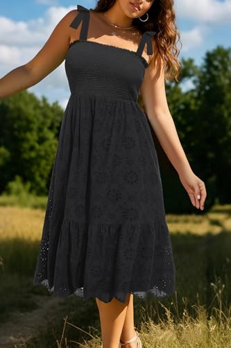 Image of Pinup Fashion Plus Size Summer Sun Smocked Eyelet Tie Straps Midi Dress | Adjustable tie straps, square neck, high waist, flowy tiered A-line, perfect for casual beach, holiday vacation, photoshoot