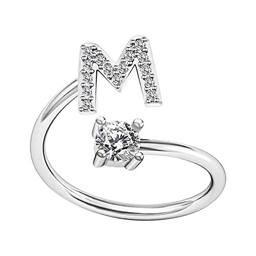Wenini Letter A-Z Initial Rings for Women Girls Crystal Open Adjustable Alphabet Rings for Birthday Gift Initial Jewelry (M)