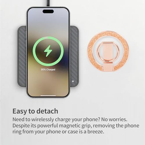 Phone Ring Grip, Magnetic Phone Ring Stand,Ultra Thin Phone Kickstand with Finger Loop, Phone Grip Holder for Mag Safe iPhone 16/15/14/13/12 Series (Rose Gold Diamond)