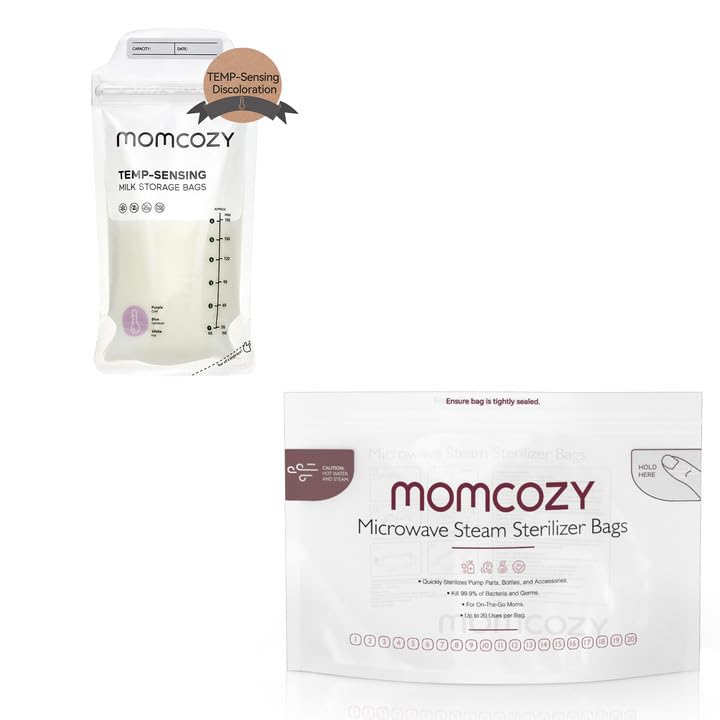 Image of Momcozy Temp-Sensing Breastmilk Storing Bags 120pcs & Momcozy Microwave Steam Steri-lizer Bags 8 Count