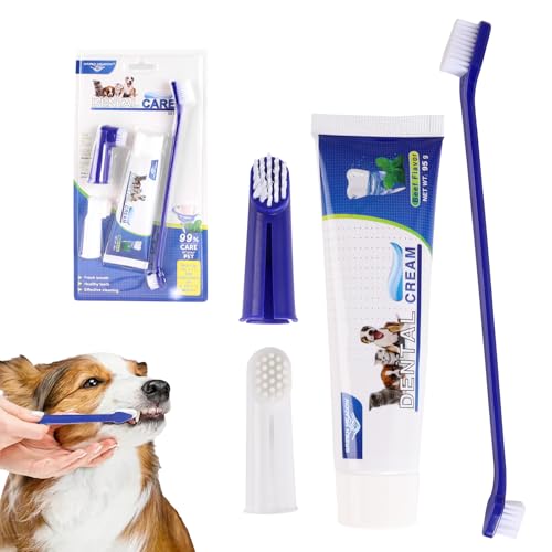 Hunde Zahnpflege Set, Hundezahnpasta Gegen Zahnstein und Hundezahnbürste Fingerzahnbürste Set, Hunde Zahnbürste, Zahnpflege für Hund und Katzen, Entfernt Plaque und Mundgeruch (blau)
