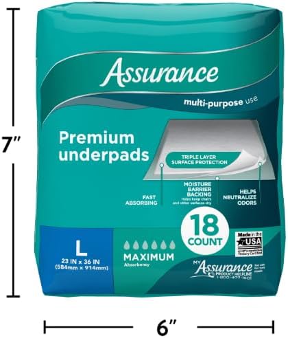 Assurance Premium Adult Underpads, Large Size, Maximum Absorbency, 18 Count, 2 Pack