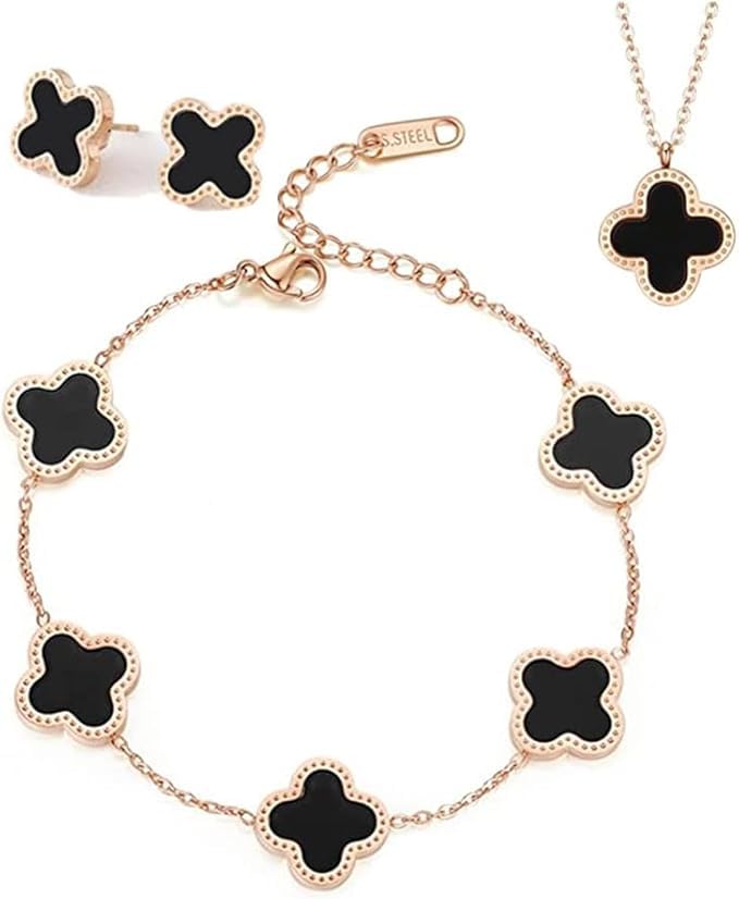 18K Goldplattiertes Vierblättriges Kleeblatt Schmuck Set, Edelstahl Zweiseitig Vierblättriges Schmuck, Halskette Ohrringe Armband Valentinstag Muttertag Weihnachten Geschenk für Damen und Mädchen